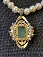 Vintage Designer Lanvin Emerald Rhinestone? Pendant 14k Gold Pearl Necklace