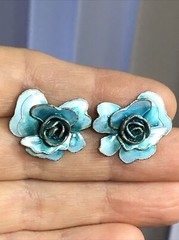 11. Vintage Sterling Silver 925 Blue Enamel ROSE Flower Stud Earrings 21 x 17mm