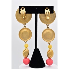 Vintage Statement Dangle Earrings Coral Orange Brushed Gold Beaded Chunky BinBK
