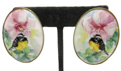 Hand Painted Artisan Signed Bird Porcelain Large Brooch Pin Pendant Earrings Set