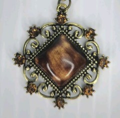 Vintage Filigree Pendant Brass Amber Brown Cabochon Victorian Style Jewelry