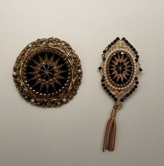 Vintage Victorian Revival Brooch Lot of 2 Gold Black Enamel Tassel Filigree