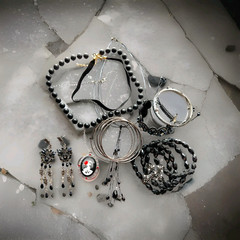 Estate Find Black Silver/Gold Tone Jewelry Lot Necklace, Earrings & Bracelets