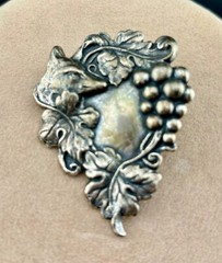 Vintage Repousse Fox In The Grapevine 2″ Silver-Plated Brooch