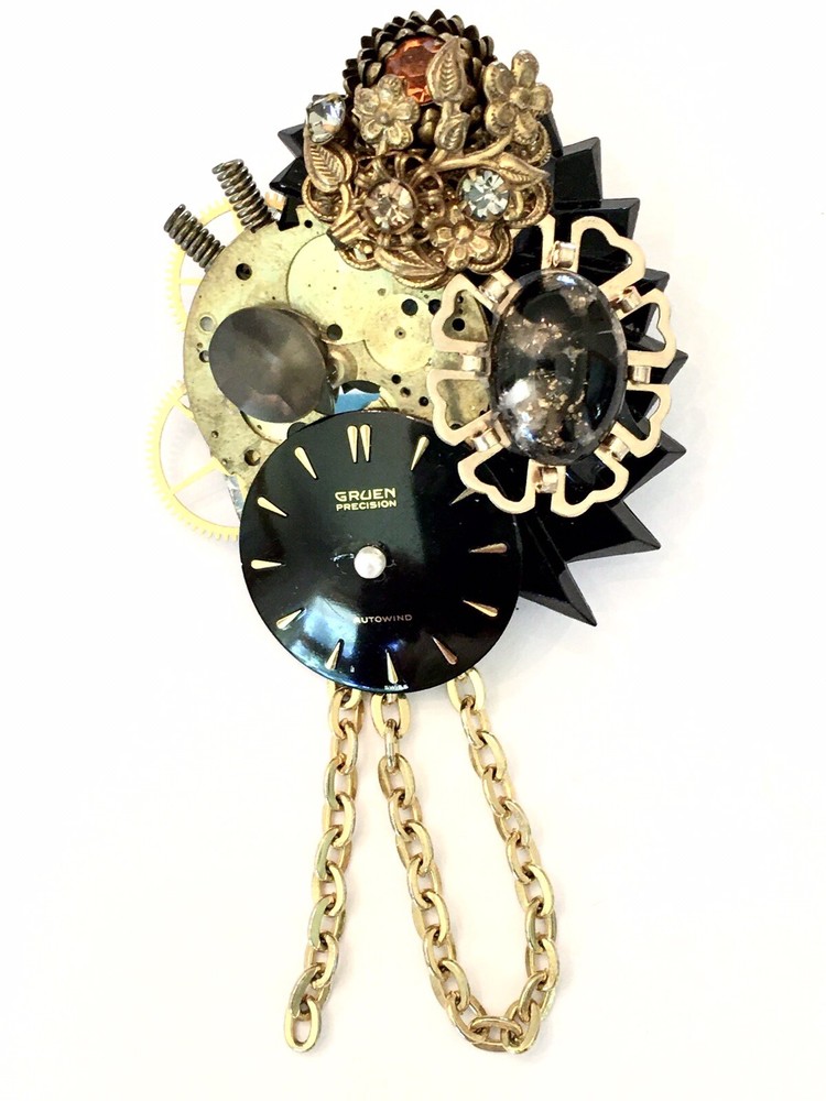 Vintage 2.5” Steampunk ~ Maximal Art Style ~ Found Object Collage Pin