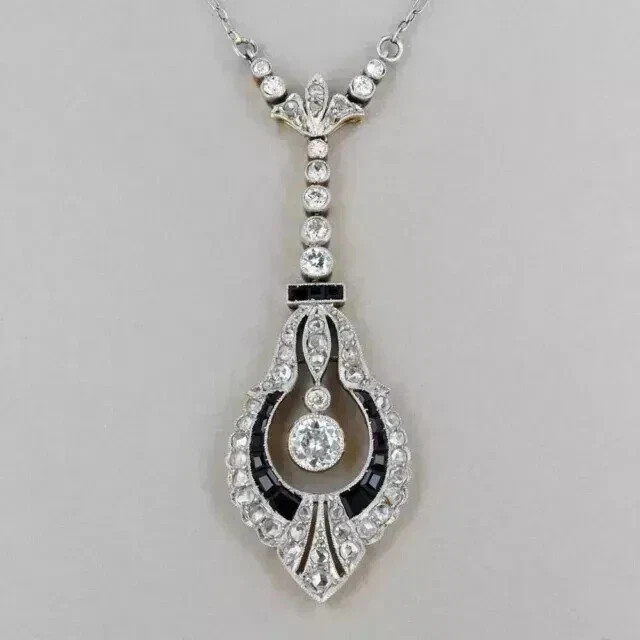 Art Deco Style Lab Created Diamond & Onyx Wedding Gift 14K White Gold FN Pendant
