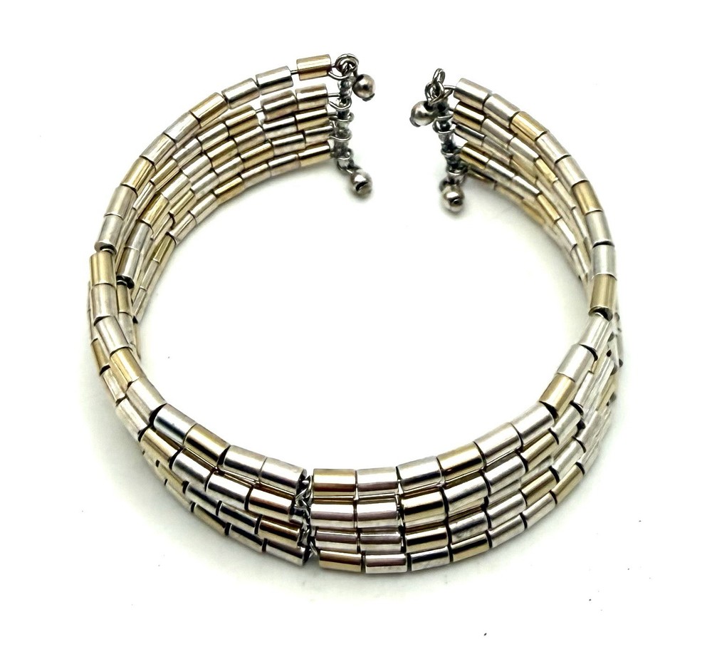 Mixed Metal 2 Tone Bracelet Cuff Vintage Gold & Silver Tone Beaded 5 Row