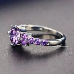 2.10Ct Moissanite Round Cut Amethyst Halo Engagement Ring 14k White Gold Plated