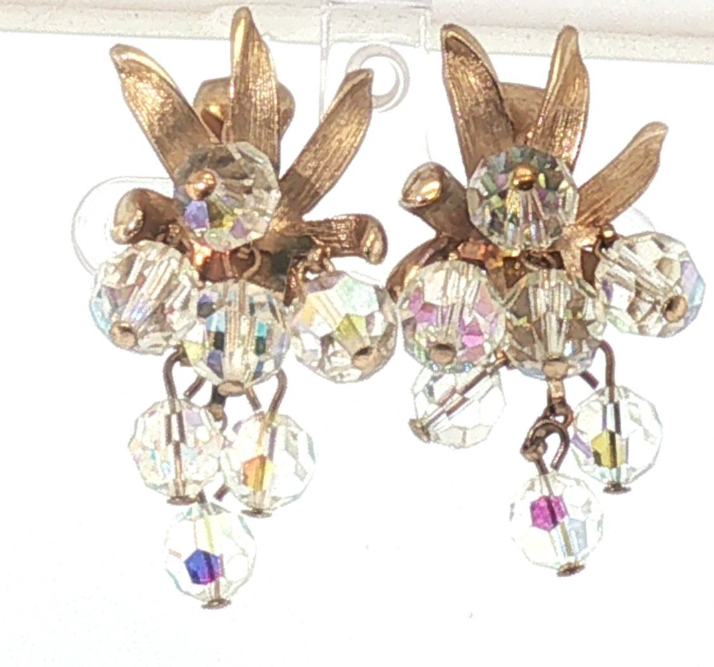 Vintage Gold-Tone Leaf Earrings Aurora Borealis Crystal Grape Cluster