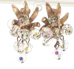 Vintage Gold-Tone Leaf Earrings Aurora Borealis Crystal Grape Cluster