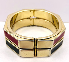 Lot of 2 Vintage Octagon Red and Black Enamel Bangle Bracelets Gold Tone