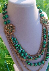Vintage Hobe Green Glass Foil Bead Brass Swag Bib Necklace