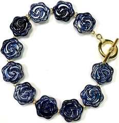 Artisan Toggle Bracelet Molded Glass Flower Black Iridescent Oil Slick AB 8.5 in