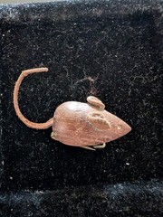 1960’s Teak Wood Mouse Brooch, Clear Rhinestone Eyes Leather Tail