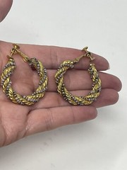 Vintage Gold Tone Twisted Rope Hoop Earrings Grey Silver Beaded Screw Back MCM
