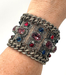 VTG/ANTIQUE Czech open-work silver-tone Mogul rhinestone chain Chunky bracelet