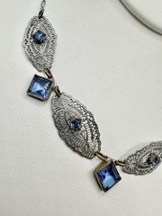 Victorian Art Deco White Metal Blue Glass Filigree Link Necklace Delicate Read