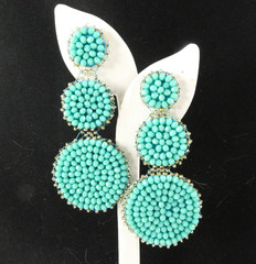 Pretty Turquoise Colored Beaded Dangle Drop Earrings Light Weight Round Long