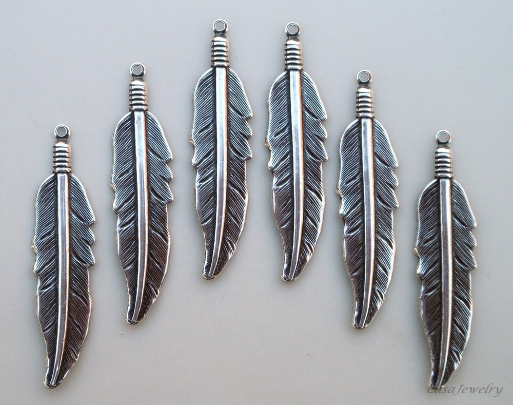 #1145 LARGE ANTIQUED STERLING S/P FEATHER DROP W/TOP HANG RING – 6 Pc Lot