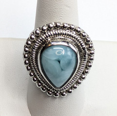Blue Stone Teardrop Cocktail Beaded Edge Statement Ring Sz 8.25 Silver Tone