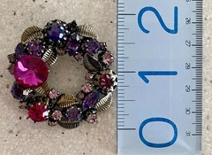 Vintage Austria Crystal Brooch Round Wreath Pink Purple Gold Tone Leaves