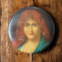 Antique Lithograph Portrait Pin Redhead Woman 1900s Metal Novelty Brooch