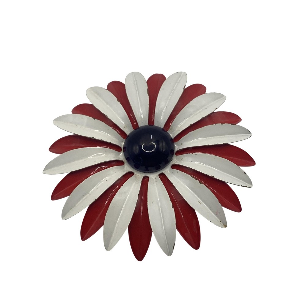 Vintage Enamel Flower Brooch Pin Red White Blue Patriotic Daisy 2.5 In Jewelry