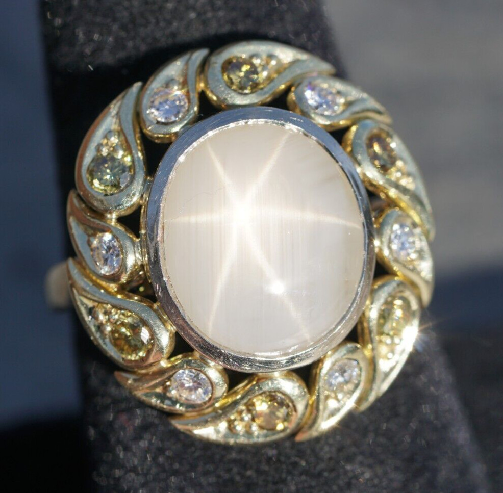 Antique 14K Yellow Gold WHITE STAR SAPPHIRE Ring w/ Yellow & Gold Diamonds $8000