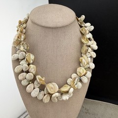 Polished Stone Mother of Pearl Necklace Layered Beaded Boho Surfer Beach 18”