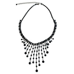VTG Victorian Goth Style Black Glass Necklace Brass Waterfall Cascade Open Bezel