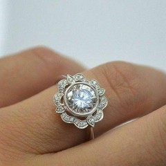 Vintage Bezel 2CT Lab Created Round Diamond Floral Halo Ring 14K White Gold Over