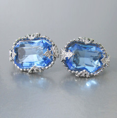 Antique 1920s Blue Rhinestone Silver Tone Screw Back Vintage Earrings