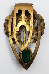 Green Glass Cabochon Floral Brass Fur Dress Clip Leaves 2.5 In Vintage
