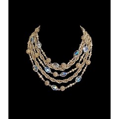 Vintage AB Crystal Glass Bead Multi Strand Gold Tone Bib Necklace 1950s 1960s