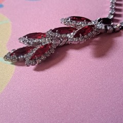 VTG MEDICI Two Sisters Silver Tone Rhinestone Necklace Red Simulated Gemstones