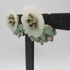 Vintage Rhinestone Earrings Floral Green White Acrylic Post For Pierced Ears
