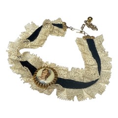 Vintage 1950s Victorian Revival Lace Ribbon Portrait Choker Necklace Unsigned