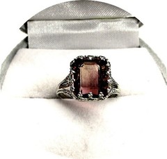 Lovely – Amber-Pink TOURMALINE Ring – Art Deco Filigree 14k Solid White Gold..