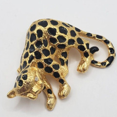 Leopard Cheetah Cat Pin Arched Back Black Enamel Rhinestone Eyes