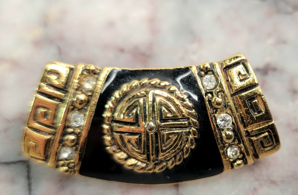 LR Lady Remington Gold Toned Onyx Look & Rhinestones Pendant Lovely