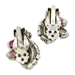 Vtg 1960s Pink Purple Marquise Prong Set Rhinestone Clip Earrings 1″
