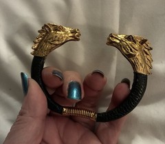 Vintage Double Horse Head Spring Cuff Leather Wrapped Bracelet. Rare