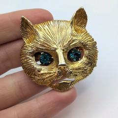 Vintage Gold Tone Cat Face Brooch/Pendant Dangling Rhinestone Eyes 1.75in
