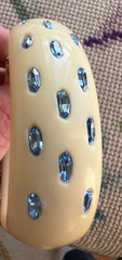 Art Deco Unbranded Celluoid Clamper Bracelet 14 Blue Rhinestones~Ivory Color