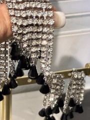 VTG BLACK JET & CLEAR RHINESTONE WATERFALL BROOCH & EARRINGS SET