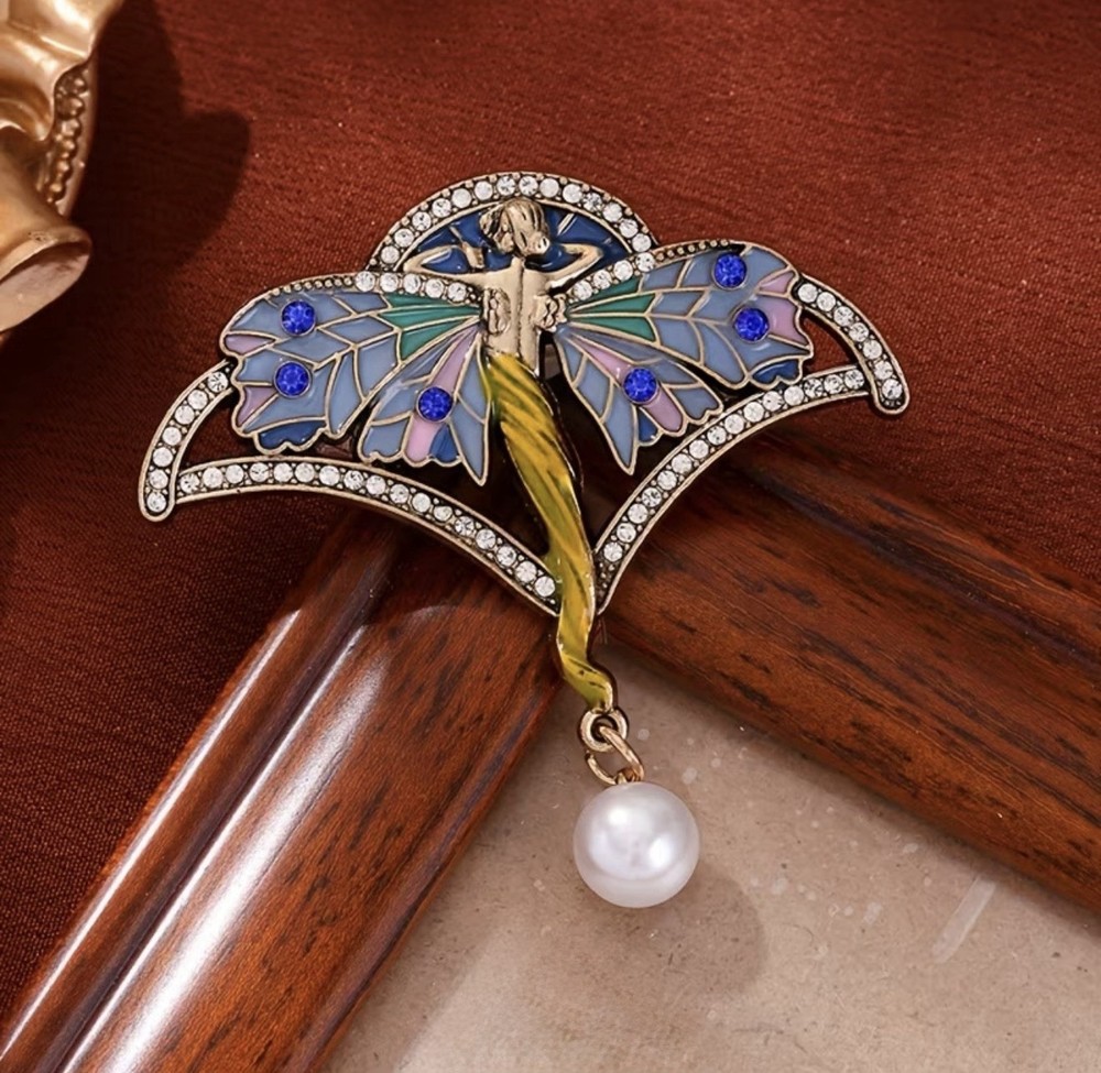 Art Nouveau Cloisonné Winged Fairy Brooch with Rhinestones, Pin Design