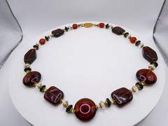 Chunky Modernist Beaded Cognac Molded Glass 20″ Statement Stackable Necklace