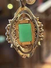 Vintage Designer Lanvin Emerald Rhinestone? Pendant 14k Gold Pearl Necklace