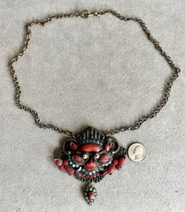 Vtg Tibetan Nepali HUGE 4″ WRATHFUL DEITY PENDANT Coral Turquoise Brass NECKLACE