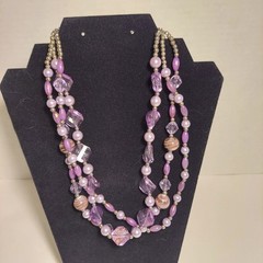 VTG Lavender Purple Crystal Faux Pearl Bead Necklace 15” Long 3 Strand